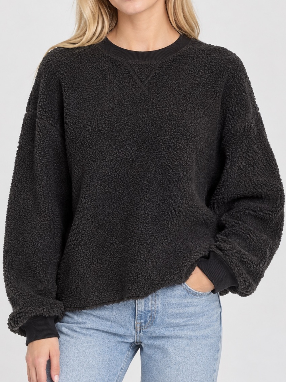 American Eagle Gray Textured Sherpa Pullover Sweatshirt